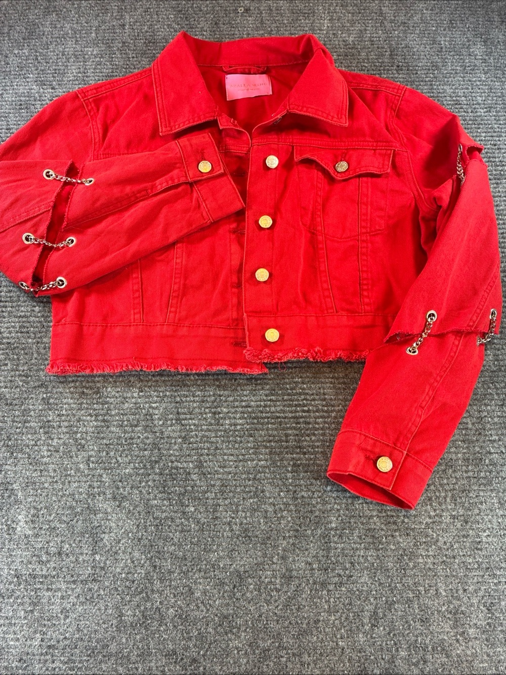 Azalea Wang Women's XL Jacket Red Denim Distressed Raw Edge Chains Cropped
